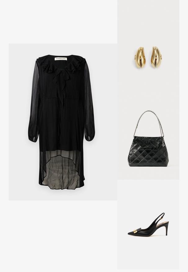 Črna šifonska obleka z nabranim dekoltejem, dolgimi rokavi in asimetričnim šivom. Ima zavezo na vratu in tekočo, prosojno teksturo.; Črne usnjene slingback pete z ostrim nosom, katerih značilnost je zlata zaponka in ozka, visoka peta. Gladka tekstura.; Črna usnjena torbica z vzorcem karo, srebrna verižica kot ročaj, z oblikovanim dizajnom in gladko teksturo.; Zlato tonirane uhane s površjem, ki se lepo vije. Vsak uhane ima gladko površino in majhno zaponko z dekorativnim detajlom.