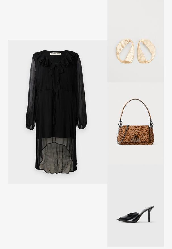 Must mustrinda kleit, millel on volditud kaelus, pikad varrukad ja kõrge-langusega hem. Kaeluses on sidumisrihm ning see on voogav ja läbipaistev.; Mustad nahast kõrge kontsaga mulad avatud varbaga, terava disainiga, siledapinnalised ja kitsaste stilettokontsadega.; Leopardimustriga nahkese käekott, mis on valmistatud suede'ist, lühikese käepideme ja ahelahaga. Ristkülikukujuline kuju flapi sulgemisega.; Eba paar eba ebaorditud ovaalkujulisi kuldehhe kaal setertu, kerge keersuju pinnaga valgel taustal.