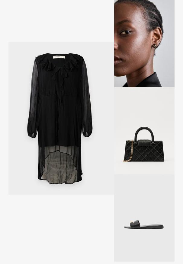 Sort chiffon kjole med en rynket udskæring, lange ærmer og en asymmetrisk kant. Har et bånd ved halsen og en flydende, gennemsigtig tekstur.; Sorte slidesandaler med en bred overdel, glat læderstruktur, åbent tådesign og gulddetalje på remmen. Flad sål.; Sorte håndtaske lavet af tekstureret læder, med et diamantmønster, guldfarvet kædetræk, og et topgreb med en logo-præget klaplås.; Guldblomster-studøreringe har en tekstureret sort midte og delikat detaljer. Modellen har glat hud og fletninger, som er synlige i profil.