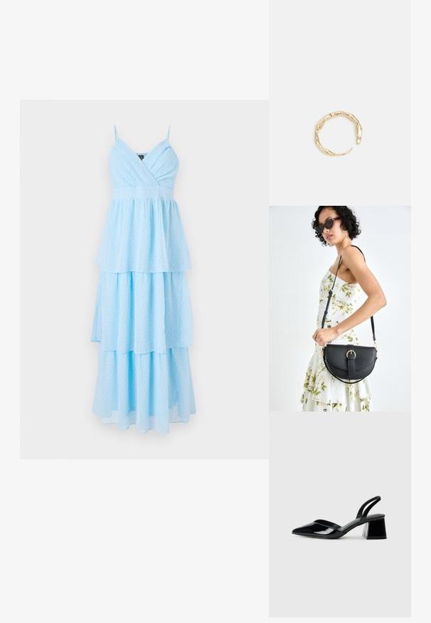 Svijetlopliva haljina na slojeve s V-izrezom, tankim trakama, izrađena od lagane tkanine, s suptilnim uzorkom točkica kroz cijeli materijal.; Crne lakirane kožne sandale s otvorenom petom i špicastim vrhom, s geometrijskom blok petom. Imaju elegantan, minimalistički dizajn i glatku teksturu.; Crna kožna torba s lukovitim oblikom, odvojivim remenom i zlatnim detaljima. Torba ima preklop s kopčom.; Prsten u zlatnoj nijansi s organskim, uvijenim dizajnom, glatkom teksturom i suženim krajevima, koji stvara moderan, skulpturalni izgled.