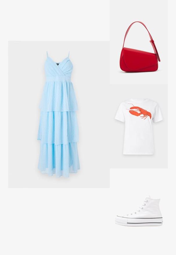 Gaiši zila daudzslāņu kleita ar V veida kakla izgriezumu, plānām siksnām, izgatavota no viegla auduma, ar maigu punktiņu rakstu visā virsmā.; Balta kokvilnas T-krekls ar lielu, spilgti sarkanu omāru grafiku uz priekšu. Īsas piedurknes un standarta apļveida kakla dizains.; Balti augstie kanvas sporta apavi ar melnu gumijas zoli, priekšējo gumijas purngalu un sešām acīm lencēm, kuriem ir tīrs, minimālistisks dizains.; Sarkans ādas rokassomi ar stūrainu, ģeometrisku dizainu. Iekļauj vienu regulējamu siksnu un vāku ar izšūtu detaļu.