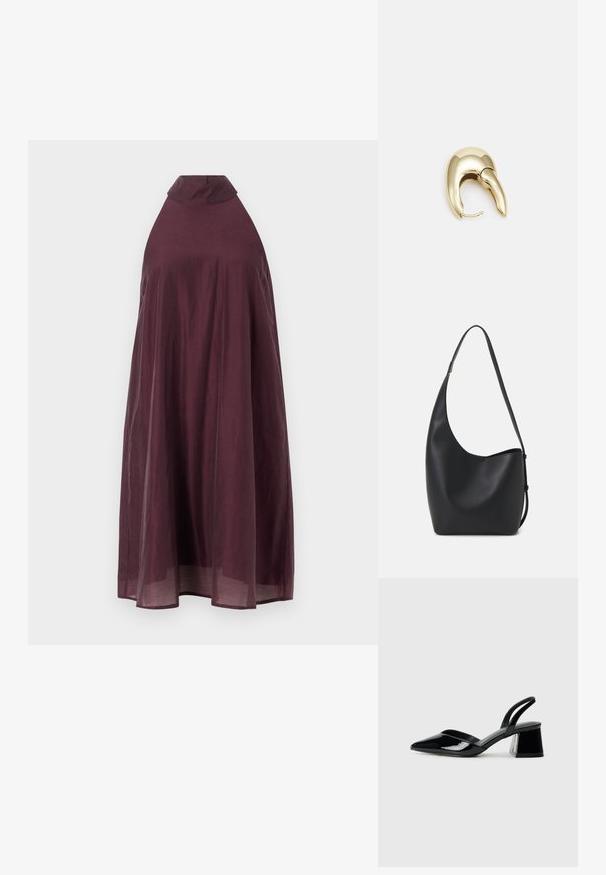 Weinrotes, ärmelloses Kleid mit hohem Kragen und fließender Silhouette. Leichter Stoff, der bis zum Knie reicht, mit glatter Textur.; Schwarze Lackleder-Slingback-High Heels mit spitzem Schuh und einem geometrischen Blockabsatz. Verfügt über ein schlankes, minimalistisches Design und eine glatte Textur.; Schwarze Leder-Hobo-Tasche mit einer glatten Textur, geschwungener Form und einem einzelnen verstellbaren Tragegurt; verfügt über eine weite Öffnung am oberen Ende.; Ohrringe aus goldfarbenem Metall mit einem schlanken, geschwungenen Design. Sie verfügen über eine markante, spitze Form, eine polierte Oberfläche und einen Scharnierverschluss.
