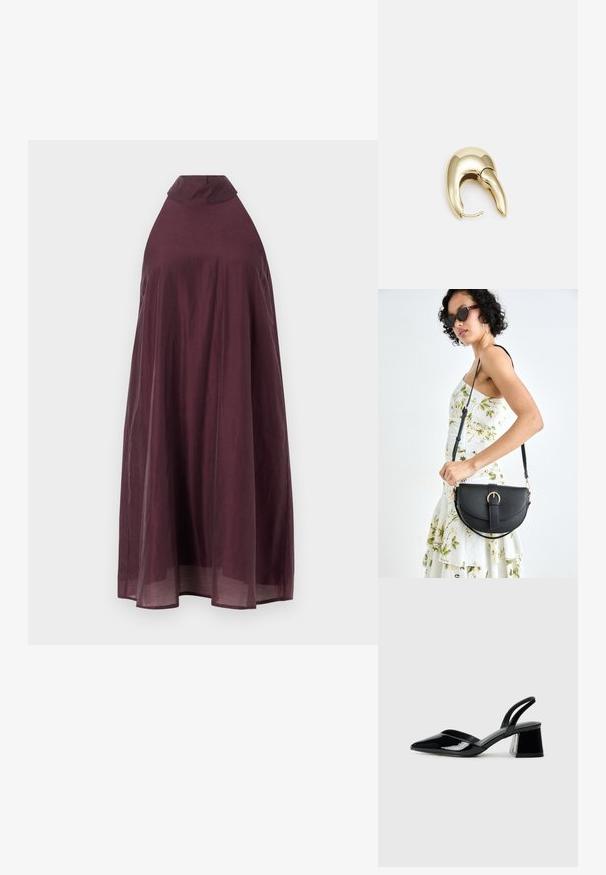 Viinipunainen, hihaton mekko, jossa on korkea kaulus ja valuva siluetti. Kevyt kangas laskeutuu polven pituuteen, ja siinä on sileä rakenne.; Mustat patentoitu nahkakengät, joissa on säären takaosa ja terävä kärki, sekä geometrinen palikkakorko. Sisältää tyylikkään, minimalistisen muotoilun ja sileän pinnan.; Musta nahkainen käsilaukku, joka on kaareva muotoilultaan, irrotettavalla hihnalla ja kultaisilla yksityiskohdilla. Laukussa on läppä, jossa on solk yksityiskohta.; Kultahipuinen korvakoru, jossa on sulavalinjainen, kaareva muotoilu. Ominaisuuksiin kuuluu erottuva terävä muoto, kiillotettu pinta ja sarana kiinnitys.
