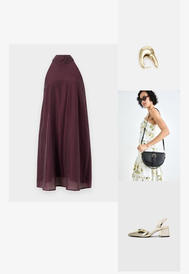Rochie fără mâneci, de culoare vin, cu guler înalt și o siluetă fluidă. Materialul ușor se așează până la genunchi, având o textură netedă.; Pantofi cu toc slingback metalici aurii, cu vârf ascuțit și toc chunky. Textură netedă, design minimalist și o curea subțire.; Geantă din piele neagră, cu o formă curbată, curea detașabilă și accesorii aurii. Geanta are un capac cu un detaliu tip cataramă.; Cercei din metal de culoare aurie cu un design elegant și curbat. Prezintă o formă distinctivă, ascuțită, o suprafață lustruită și un sistem de închidere cu balama.