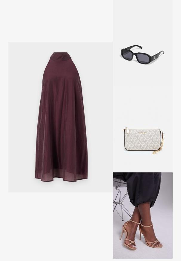 Vino rdeča, brezrokavna obleka z visokim ovratnikom in tekočo silhueto. Lahka tkanina pada do kolen in ima gladko teksturo.; Bež sandale s peto in kristalnimi okrasnimi elementi, z odprtim prstom, tankimi trakovi in eleganco silhueto.; Črne sončne očala z ovalnim okvirjem, temnimi lečami, sijočim plastičnim materialom in srebrnim logotipom na eni strani.; Michael Kors denarnica v bež lakiranem platnu z mišičnim vzorcem ponavljajočega se logotipa MK, z zlatim okovjem in snemljivo verižico.; Zlati kovinski uhani z valovito zasnovo; gladka, odsevna površina; asimetrična oblika; brez vidnih vzorcev ali kovinskih delov.