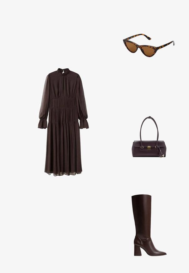 Smeđa haljina dugih rukava s visokim izrezom, smockiranim tijelom i lepršavim rukavima. Izrađena je od laganog materijala i ima suknju od više slojeva.; Smeđe kožne čizme do koljena s šiljastim nosom i ravnim potplatom, s glatkom teksturom i elegantnim dizajnom. Akcentuirano šivanje na gležnju.; Sunglasses u obliku mačjih očiju s okvirom u crno-narančastom kornjačevom uzorku, smešnim lećama i elegatnim, šiljastim vrhovima. Sadrži minimalni logo na dršci.; Bordo kožna torba sa strukturiranim dizajnom, kratkim ručkama, zlatnim pravokutnim kopčanjem i odvojivim ukrasom u obliku rese.