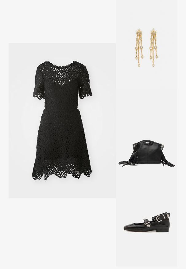 Melna mežģīņu kleita ar īsām piedurknēm, kas izceļas ar sarežģītiem ziedu rakstiem un viļņotu apakšmalu. Viegls audums ar pieguļošu siluetu.; Melnas laika patenta ādas dzīvokļu kurpes ar kvadrātu purngalu, potītes siksna ar sudraba furnitūru un platu zoli. Gluda tekstūra ar minimālu dizainu.; Maje MISS MINI - Plecu soma - noir; Zelta tonī auskari ar vairākiem kaskādes ķēdēm, kas rotāti ar caurspīdīgiem ovāliem rhinestone akcentiem un dekoratīvām pīrsingiem.