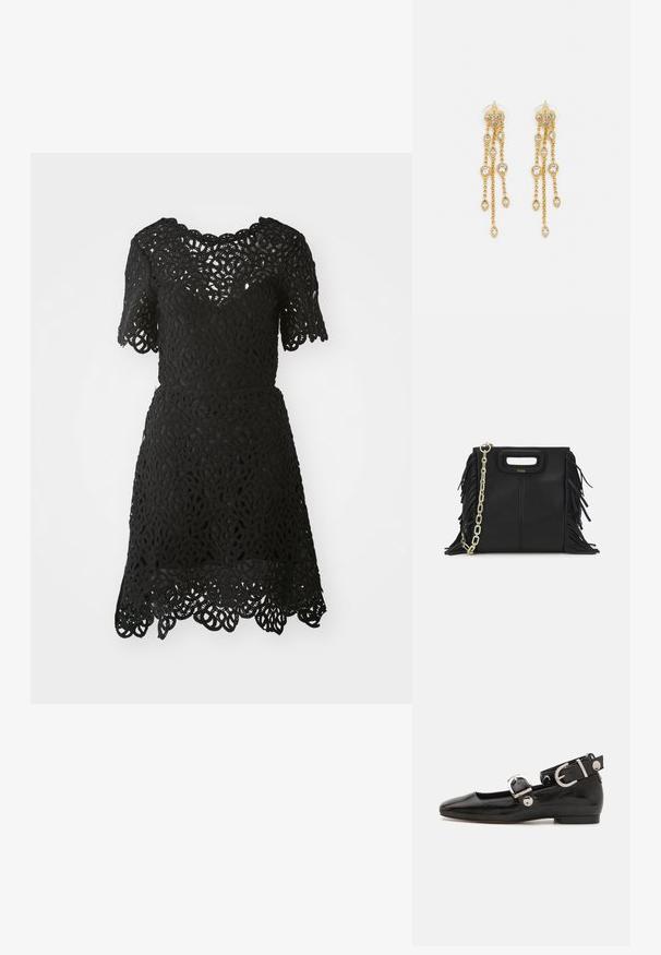 Musta pitsimekko lyhyillä hihoilla, jossa on monimutkaisia kukkakuoseja ja aallotettu helma. Kevyt kangas, jossa on kapea malli.; Musta patenttinahkainen tasapohjainen kenkä suoralla varvastyöllä, nilkkahihna hopeisilla yksityiskohdilla ja tasainen pohja. Sileä pinta ja minimalistinen muotoilu.; Musta nahkakäekott, millel on frantsiisidetailid, kuldne õlgade rihm ja lõikega käepide. Ees on logo paigutus.; Kultaketjua roikkuvat korvakorut, joissa on useita putoavia ketjuja, ja selkeitä ovaaleja rhinestone-akselteja sekä koristeelliset niittitoppaukset.