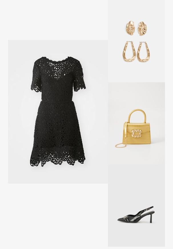 Robe en dentelle noire à manches courtes, ornée de motifs floraux élaborés et d'un ourlet festonné. Tissu léger avec une silhouette ajustée.; Chaussure slingback en cuir verni noir avec un embout pointu, des brides de cheville avec des boucles en argent et des éléments en métal, et un talon fin.; Sac à main en faux crocodile jaune avec un design structuré, une poignée supérieure, une bandoulière en chaîne amovible, et un ornement cristallin décoratif sur le fermoir.; Boucles d'oreilles dorées présentant des formes texturées et ondulées. Comprend des clips sculpturaux et un design de créoles ouvertes avec une finition martelée.
