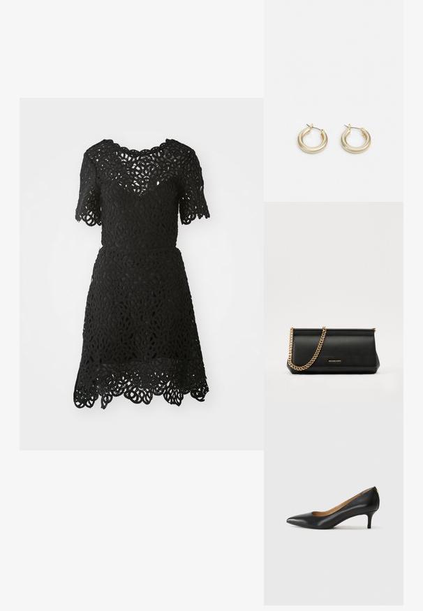 Črna čipkasta obleka s kratkimi rokavi, ki vsebuje zapletene cvetlične vzorce in valovit rob. Lahka tkanina s prilegnjeno silhueto.; Črne usnjene črpalke s koničastim nosom, nizko peto in gladko teksturo. Imajo rahlo odprtino spredaj in minimalno opremo zadaj.; Črna usnjena torbica z zlatim verižnim trakom, z gladko teksturo, pravokotno obliko in embosiranim logotipom spredaj.; Lauren Ralph Lauren BASIC SMALL HOOP - Uhani - gold-coloured
