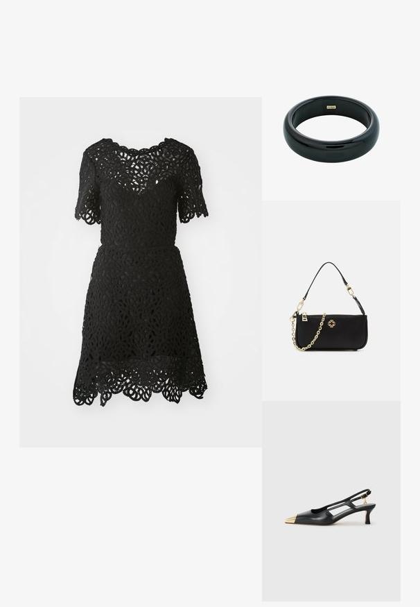Černé krajkové šaty s krátkými rukávy, zdobené složitými květinovými vzory a vykrojeným lemem. Lehký materiál s přiléhavým střihem.; Černá kožená sandálová bota s špičatou špičkou a zlatým kovovým špičákem. Obsahuje design s výřezy a štíhlý podpatek s nastavitelným páskem.; Černá kabelka s hladkou strukturou, s zlatým řetízkovým popruhem, zipovým uzavřením a dekorativním zlatým emblémem na přední straně.; Černý pryskyřicový náramek s hladkým, lesklým povrchem a zaoblenými okraji. Na vnitřní straně se nachází malé zlaté logo "Pilgrim".