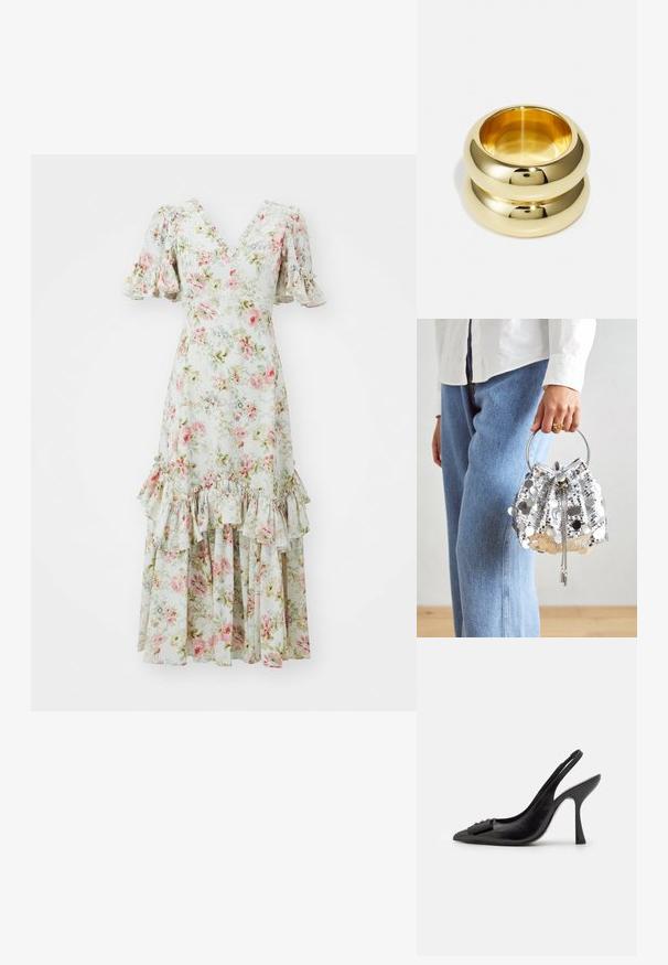 Ziedu kleita no viegla auduma, ar V veida izgriezumu, pūkainām piedurknēm un slāņotiem volāniem apapakšā pasteļtoņos – rozā un zaļā krāsā.; Melnas ādas sārta kurpes ar smailu purngalu, šauru augstu papēdi un dekoratīvu loku akcentu. Gluda tekstūra un elegants dizains.; Sudraba spīdīgu purlas maisiņš ar apaļu metāla rokturi; ietver saites aizdari un ķēdes akcentus, novietots uz gaiši zila džinsa un balta auduma fona.; Zelta toņa divi gredzeni ar gludu, noapaļotu dizainu. Atstarojoša virsma ar pulētu apdari. Redzamais iekšējais diametrs uzsver formu un struktūru.