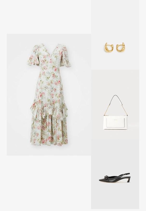 Virágmintás, könnyű anyagból készült ruha, V-kivágással, puffos ujjal és réteges fodrokkal az alján, pasztell rózsaszín és zöld színekben.; Fekete bőr szandál kis sarkú, hegyes orral, díszes csattal a felsőrészen. Simább textúra, minimalista design.; Fehér bőr kézitáska, texturált felülettel, arany lánccal és fekete részletekkel. Elülső zsebbel és cipzáros zárással rendelkezik.; Arany karika fülbevalók sima, lekerekített kialakítással, fényes felülettel. A fülbevalók kompakt, tömzsi formájúak, és zökkenőmentes kapoccsal rendelkeznek.