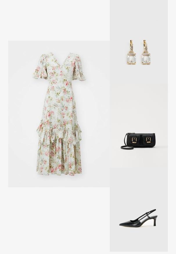 Gėlių suknelė pagaminta iš lengvos medžiagos, turinti V formos kaklą, pūkuotas rankoves ir sluoksniuotas volanėles prie apačios, pastelinių rožinės ir žalios spalvų.; Juodai lakuoti slingback aukštakulniai su smailiu nosiu, su tekstūruotu gyvatės raštu, reguliuojama juosta ir trumpu, tekstūruotu blokiniu kulnu.; Juodas odinis per petį nešiojamas krepšys su dviem priekiniais kišenėmis, auksiniais sagtimis, užtrauktuko uždarymu ir siauromis petnešomis. Textūruota paviršius ir kompaktiškas stačiakampis formatas.; Auksinės spalvos auskarai, kuriuose yra stačiakampis, skaidrus kristalas, kabantis po eile mažų, apvalių skaidrių akcentų. Šiuolaikiškas, modernus dizainas.
