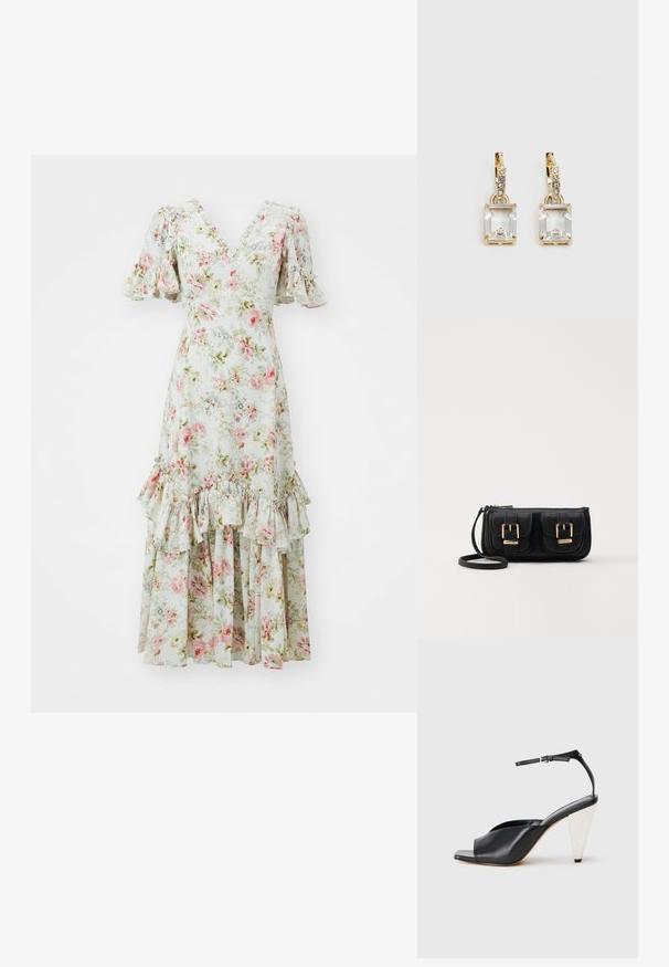 Ziedu kleita no viegla auduma, ar V veida izgriezumu, pūkainām piedurknēm un slāņotiem volāniem apapakšā pasteļtoņos – rozā un zaļā krāsā.; Melnas ādas augstpapēžu sandales ar atvērto purngali, asimetrisku dizainu, potītes siksniņu un metāla koniskām papēžiem. Virsma ir gluda.; Melnas ādas crossbody soma ar divām priekšējām kabatām, zelta sprādzēm, ar rāvējslēdzēju aizdari un šauru siksnu. Strukturēta virsma un kompakta taisnstūra forma.; Zeltītas auskaru rotas, kuru centrā ir taisnstūra formas caurspīdīgs kristāls, kas karājas zem mazu, apaļu caurspīdīgu akcentu rindas. Elegants, mūsdienīgs dizains.