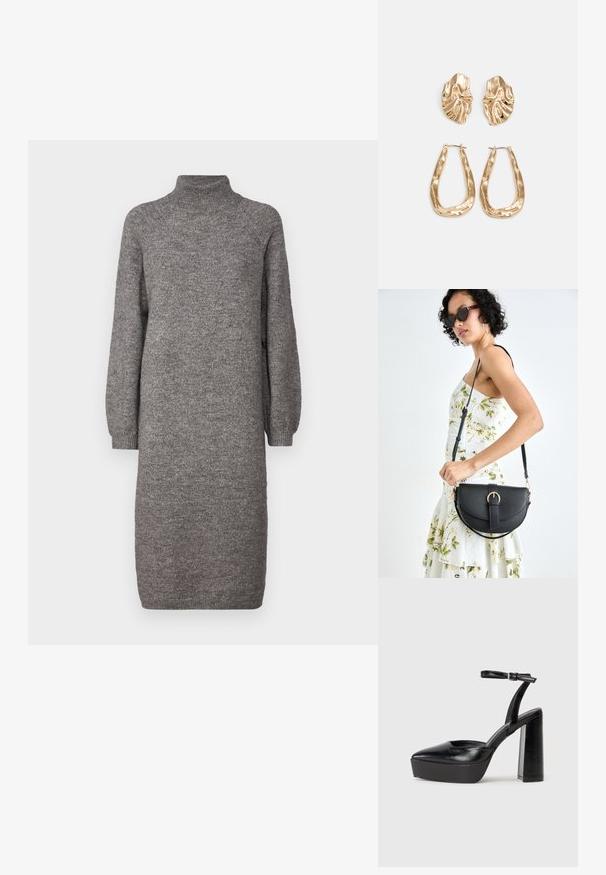 Robe en tricot grise avec un col montant, des manches longues amples et une coupe droite. Fabriquée dans un tissu doux et texturé, arrivant au mi-mollet.; Escarpins noirs à plateforme avec un bout pointu et une sangle réglable à la cheville. Conçus en cuir lisse, avec un large talon bloc.; Sac à main en cuir noir avec une forme courbée, bandoulière amovible et des accessoires en or. Le sac est doté d'un rabat avec un détail de boucle.; Boucles d'oreilles dorées présentant des formes texturées et ondulées. Comprend des clips sculpturaux et un design de créoles ouvertes avec une finition martelée.