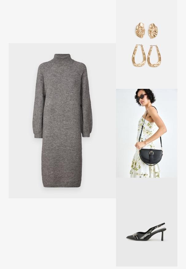 Robe en tricot grise avec un col montant, des manches longues amples et une coupe droite. Fabriquée dans un tissu doux et texturé, arrivant au mi-mollet.; Chaussure slingback en cuir verni noir avec un embout pointu, des brides de cheville avec des boucles en argent et des éléments en métal, et un talon fin.; Sac à main en cuir noir avec une forme courbée, bandoulière amovible et des accessoires en or. Le sac est doté d'un rabat avec un détail de boucle.; Boucles d'oreilles dorées présentant des formes texturées et ondulées. Comprend des clips sculpturaux et un design de créoles ouvertes avec une finition martelée.