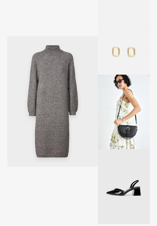 Grijze gebreide jurk met een hoge hals, losse lange mouwen en een rechte snit. Gemaakt van zachte, gestructureerde stof, tot halverwege het schaambeen.; Zwarte gepatineerde leren slingback hakken met een spitse neus en een geometrische blokhak. Kenmerkt zich door een slank, minimalistisch ontwerp en een gladde textuur.; Zwarte leren handtas met een gebogen vorm, afneembare schouderband en gouden hardware. De tas heeft een klep met een gespsluiting.; Gouden rechthoekige ringoorbellen met een zachte textuur en ronde randen. Het ontwerp heeft een minimalistische, geometrische vorm.