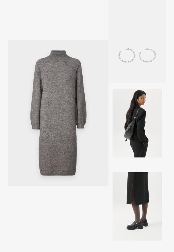 Robe en tricot grise avec un col montant, des manches longues amples et une coupe droite. Fabriquée dans un tissu doux et texturé, arrivant au mi-mollet.; Chaussures noires en cuir avec un bout arrondi, un épais talon bloc et des accents latéraux élastiques, associées à des bas foncés et une jupe noire avec une fente.; Femme avec de longs cheveux foncés portant un costume noir, portant un sac à épaule en cuir noir, regardant par-dessus son épaule contre un fond blanc.; Boucles d'oreilles en argent en forme de créoles avec un design torsadé, dotées d'une finition polie et d'une fermeture à poussoir. Mesurent environ 3 cm de diamètre.
