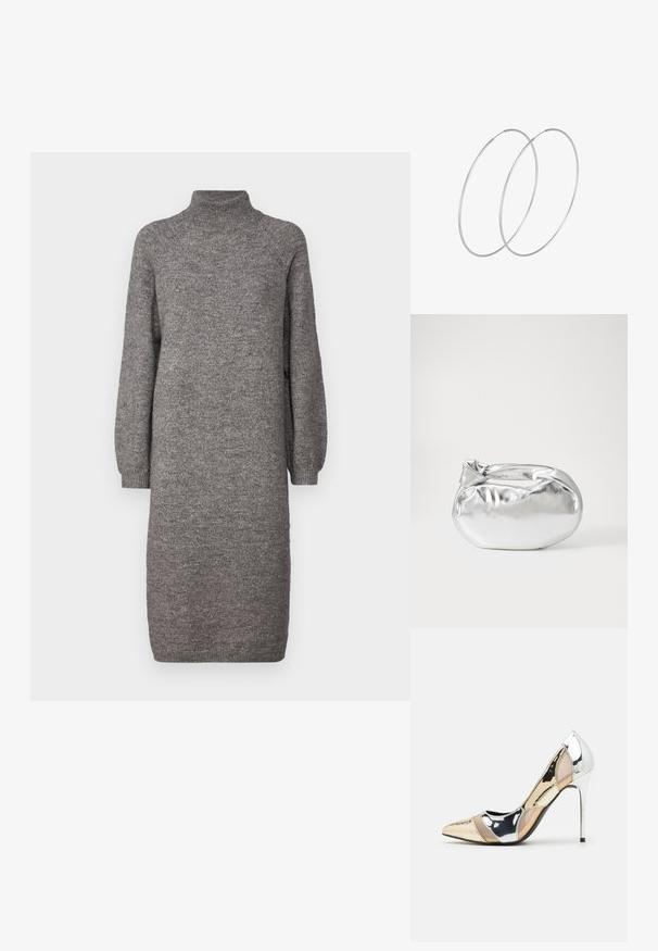 Graues gestricktes Kleid mit hohem Kragen, lockeren langen Ärmeln und geradem Schnitt. Hergestellt aus weichem, strukturiertem Stoff, der bis zur Mitte der Waden reicht.; Spitz zulaufender High-Heel-Schuh in einer Farbgestaltung aus Silber, Gold und Nude. Glänzende Oberfläche mit Ausschnittdesign und stiletto Absatz.; Silberne metallic Pouch-Tasche mit einer sanften, abgerundeten Form und einem geknoteten Verschluss oben. Hergestellt aus glattem Kunstleder.; Silberne Creolen mit minimalistischem Design. Rundform, glatte Oberfläche und dünnes Profil. Leichtgewichtig mit hochglänzender Oberfläche.