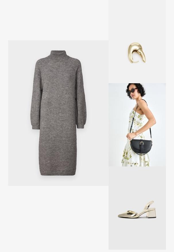 Grå strikket kjole med høy hals, løse lange ermer og rettsnitt. Laget av myk, teksturert stoff, som når midt på leggen.; Gull, metallisk slingback-hæler med spiss tå og chunky hæl. Glatt tekstur, minimalistisk design og en smal stropp.; Svart lærveske med en buet form, avtagbar stropp og gullbeslag. Vesken har et klaff med spenne-detall.; Gullfarget metalløredobber med et elegant, buet design. Har en karakteristisk spiss form, polert overflate og hengsel-lukking.