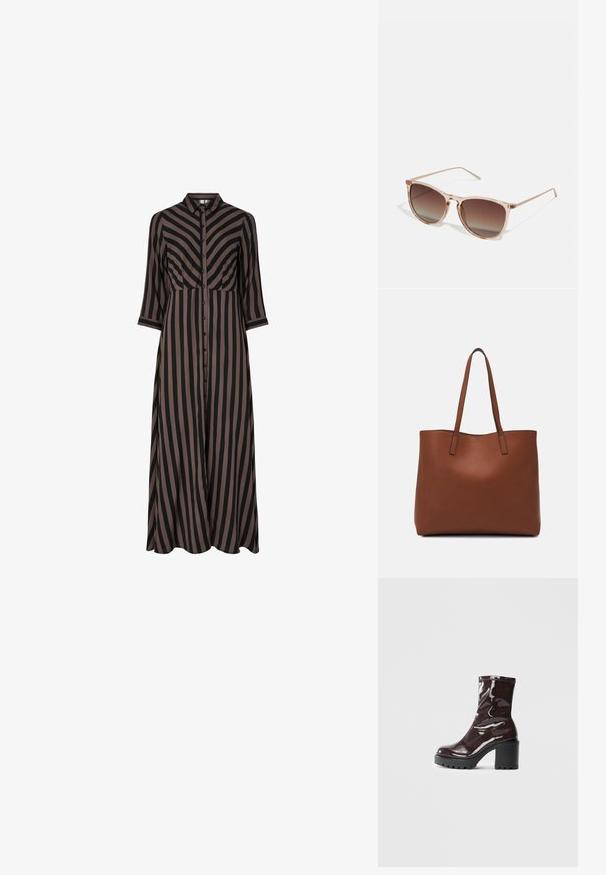 Lang, knappet kjole med vertikale svarte og brune striper, med krage og trekvart ermer. Laget av lett stoff.; Glinsende burgunder ankelstøvel med en kraftig svart hæl, med en glatt tekstur og enkelt design. Ingen synlige lukkinger eller mønstre.; Brune gradient solbriller med en gennemsigtig pink ramme, firkantet facon og tynde metalarme. Har afrundede kanter og minimal detaljering.; Brun lær tote veske med en jevn tekstur, åpen toppdesign og to skulderstropper. Har minimal søm og ingen synlige spiker.