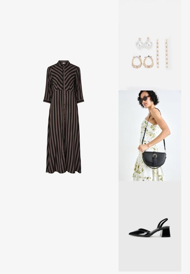 Garšs, pogājams kleita ar vertikālām melnām un brūnām svītrām, ar apkakli un trīs ceturtdaļu piedurknēm. Izgatavota no viegla auduma.; Melna lakota āda ar atvērto papēdi, ar smailu purngalu un ģeometrisku blokpapēdi. Iezīmējas elegants, minimāls dizains un gluda tekstūra.; Melnas ādas rokassoma ar izliekta formu, noņemamu siksnu un zelta aksesuāriem. Somai ir vāciņš ar sprādzes detaļu.; Trīs auskariņu pāri: lieli baltie pērļu auskari, zelta riņķi ar caurspīdīgiem dārgakmeņiem un divi garie, taisnie zelta akcentu auskaru pāri ar spīdīgām detaļām.