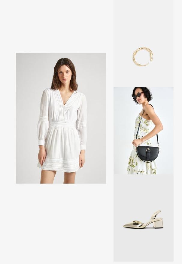 Balta suknelė su ilgomis pūstomis rankovėmis, giliu V formos iškirpimu ir tekstūruotu audiniu. Turinti susiaurintą juosmenį ir dekoratyvinius horizontalius siūlus.; Auksiniai, metaliniai slingback aukštakulniai bateliai su smailiu pirštu ir masyviu kulnu. Lygus paviršius, minimalizmo dizainas ir siaura juostelė.; Juodas odinis krepšys su išlenkta forma, nuimamu dirželiu ir auksiniais detalėmis. Krepšys turi kilpą su sagtimi.; Auksinės spalvos žiedas, turintis organišką, sukimosi dizainą su lygiu paviršiumi ir siaurėjančiais galais, sukuriantis modernią skulptūrinę išvaizdą.