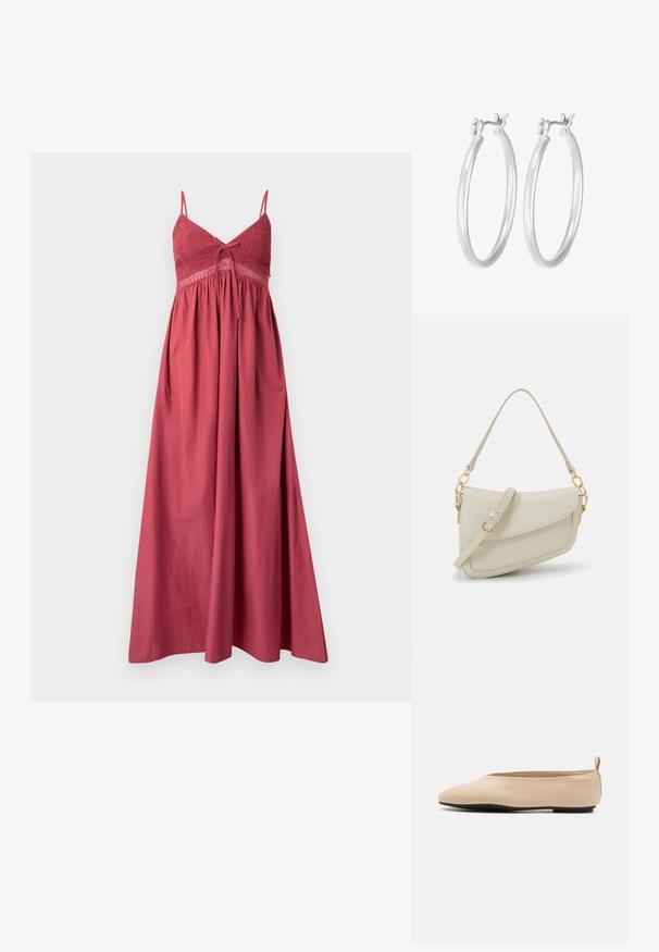 Garšīga, bez piedurknēm, kleita rūsas sarkanā tonī ar smalcinātu krūšu daļu, plānām siksnām un plūstošu svārku, izgatavota no viegla auduma.; Bežīgas ādas baleta kurpes ar zemu profilu, apaļu purngalu un melnu gumijas zoli, ar mazu aizmugures cilpu ērtākai uzvilkšanai.; Maza krēmkrāsas rokas soma ar teksturētu apdari, garu regulējamu siksniņu, ķēdes akcentu un vāciņa aizdari. Zelta aparatūras detaļas.; Sudraba riņķveida auss gredzeni ar gludu, pulētu apdari. Apaļa forma un drošs klikšķa augšējais slēgums. Viegls dizains, kas piemērots ikdienas valkāšanai.