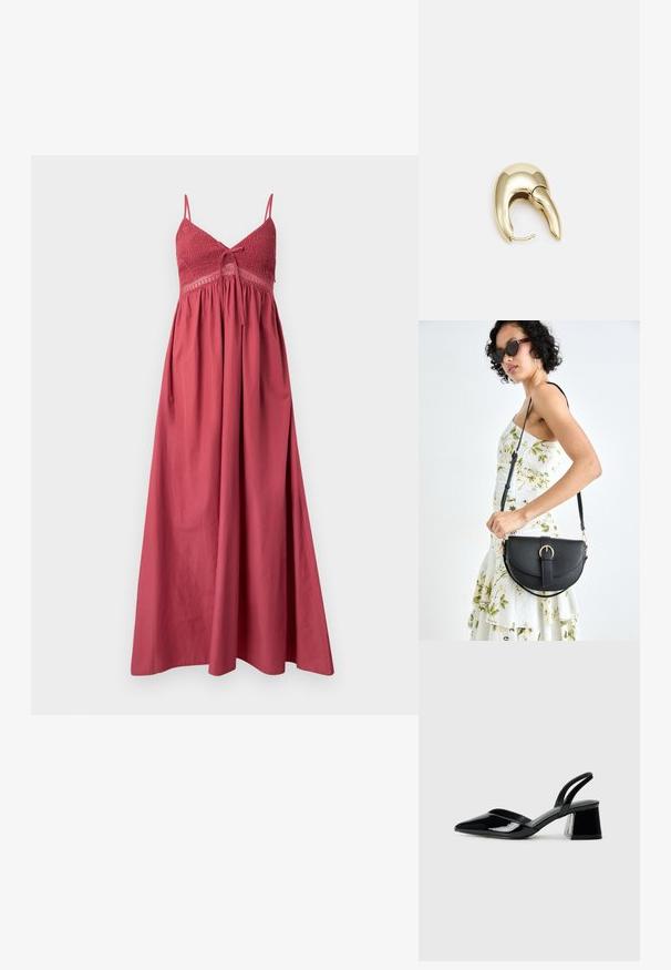 Duga haljina bez rukava u boji hrđe, s nabranim korzetom, tankim naramenicama i lepršavom suknjom, napravljena od laganog materijala.; Crne lakirane kožne sandale s otvorenom petom i špicastim vrhom, s geometrijskom blok petom. Imaju elegantan, minimalistički dizajn i glatku teksturu.; Crna kožna torba s lukovitim oblikom, odvojivim remenom i zlatnim detaljima. Torba ima preklop s kopčom.; Zlatne metalne naušnice s elegantnim, zakrivljenim dizajnom. Imaju karakterističan šiljast oblik, poliranu površinu i zatvaranje na šarku.