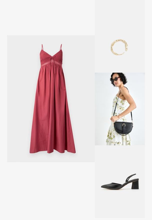 Garšīga, bez piedurknēm, kleita rūsas sarkanā tonī ar smalcinātu krūšu daļu, plānām siksnām un plūstošu svārku, izgatavota no viegla auduma.; Melnas, norādītas, siksnas apavi ar atvērtu papēdi, izgatavoti no gludas ādas, ar zemu kvadrātveida papēdi un tievām siksniņām aizmugurē drošai piegulšanai.; Melnas ādas rokassoma ar izliekta formu, noņemamu siksnu un zelta aksesuāriem. Somai ir vāciņš ar sprādzes detaļu.; Zelta toņa gredzens ar organisku, vērptu dizainu, gludu virsmu un sašaurinātiem galiem, radot mūsdienīgu, skulpturālu izskatu.