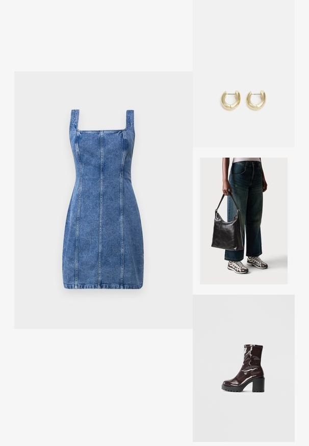 Traper haljina sa kvadratnim izrezom, prilagođenim oblikom i vertikalnim šavovima. Svijetloplava boja i srednje teška tkanina sa glatkom teksturom.; Sjajna burgundska čizma do gležnja s debelim crnim potplatom, koja se odlikuje glatkom teksturom i jednostavnim dizajnom. Nema vidljivih kopčanja ili uzoraka.; Crna kožna torba za rame s glatkom teksturom i podešivim remenom, u kombinaciji s izblijedjelim širokim trapericama i sportskim tenisicama.; Zlatne okrugle naušnice s glatkom, sjajnom završnom obradom. Imaju polukružni oblik i sigurni sistem kopčanja na post.