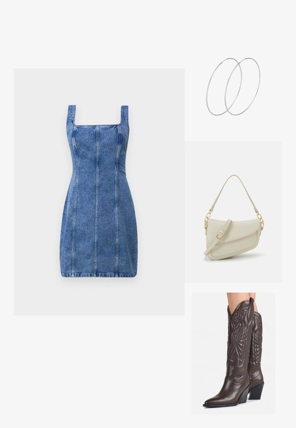 Vestido de mezclilla con escote cuadrado, forma ajustada y detalles de costura vertical. Color azul claro y tejido de peso medio con una textura suave.; Botas de vaquero de cuero marrón con punta afilada y tacón cuadrado, que presentan costuras detalladas y acentos elevados en el caño.; Pequeño bolso de mano crema con un acabado texturizado, una correa larga y ajustable, un acento de cadena y cierre de solapa. Detalles en hardware dorado.; Pendientes de aro plateados con un diseño minimalista. Forma circular, textura suave y perfil delgado. Livianos con un acabado pulido.