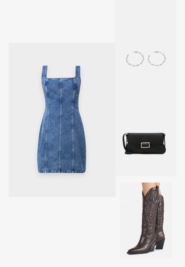 Jeanskleid mit quadratischem Ausschnitt, figurbetonter Form und vertikalen Nahtdetails. Hellblaue Farbe und mittelschwerer Stoff mit glatter Textur.; Braune Leder-Cowboy-Stiefel mit spitzem Punkt und Blockabsatz, die über detaillierte Stickereien und hervorgehobene Akzente am Schaft verfügen.; Schwarze Leder-Clutch mit Klappe und goldfarbenem Metallschnallen-Detail. Enthält einen schwarzen Riemen und ein schlankes, minimalistisches Design.; Silberne Creolen mit gedrehter Gestaltung, ausgestattet mit einer polierten Oberfläche und einer Steckverschluss. Sie haben einen Durchmesser von ca. 3 cm.