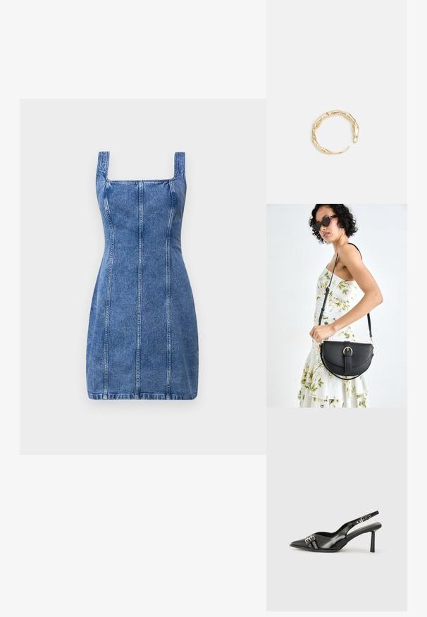 Sukienka dżinsowa z kwadratowym dekoltem, dopasowanym krojem i pionowymi przeszyciami. Jasnoniebieski kolor i średniej wagi materiał o gładkiej strukturze.; Czarne lakierowane buty typu slingback z ostrym noskiem, paskami na kostkach z srebrnymi klamrami i elementami metalowymi oraz smukłym obcasem.; Czarna skórzana torebka o zakrzywionym kształcie, z odpinanym paskiem i złotymi akcentami. Torebka posiada klapę z zapięciem w kształcie klamry.; Pierścionek w odcieniu złota z organicznym, skręconym wzorem, o gładkiej fakturze i zwężających się końcach, tworzący nowoczesny, rzeźbiarski wygląd.