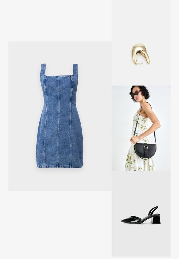 Robe en denim avec un décolleté carré, une coupe ajustée et des détails de couture verticale. Couleur bleu clair et tissu de poids moyen avec une texture lisse.; Escarpins en cuir verni noir avec bout pointu et talon bloc géométrique. Présente un design élégant et minimaliste ainsi qu'une texture lisse.; Sac à main en cuir noir avec une forme courbée, bandoulière amovible et des accessoires en or. Le sac est doté d'un rabat avec un détail de boucle.; Boucle d'oreille en métal doré avec un design élégant et courbé. Présente une forme conique distinctive, une surface polie et une fermeture à charnière.