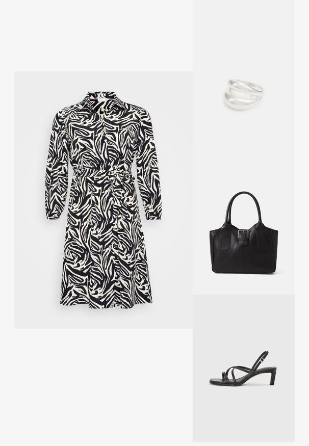 Vestido de manga larga en estampado de cebra en blanco y negro, con cuello con solapa y cintura ceñida con cinturón. Fabricado en una tela suave y ligera.; Sandalia negra de tiras con punta cuadrada y tacón bajo de bloque. Presenta múltiples tiras delgadas y una correa ajustable en el tobillo. Fabricada en cuero suave.; Bolso tote de cuero negro con textura suave, forma estructurada, dos asas y un prominente detalle de hebilla plateada en la parte frontal.; Anillo de plata de doble banda con una superficie lisa y pulida. Presenta un diseño fluido y curvado con secciones superpuestas para un aspecto moderno.