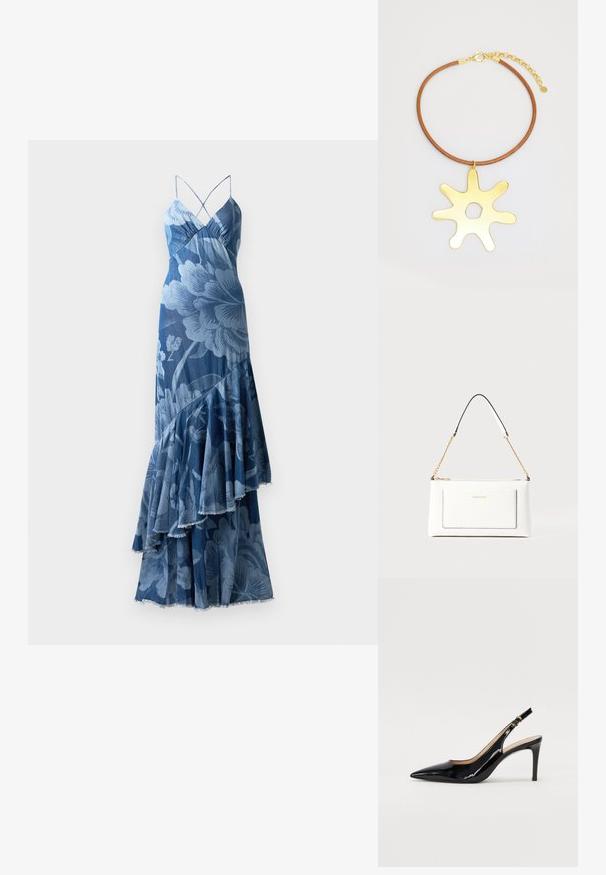 Zila ziedu kleita ar slāņotu volānu dizainu, ar plānām siksnām un strukturētu apdari. Iezīmējas ar izteiksmīgu ziedu rakstu un nodilušu apakšmalu.; Melnas lakotās ādas slingback kurpes ar izteiktu degunu, šauru papēdi un smalku izgriezumu dizainu. Siksniņai ir zelta sprādze.; Baltā ādas rokassomu ar teksturētu apdari, ar zelta ķēdes siksnu un melniem akcentiem. Iekļauj priekšējo kabatu un aizdari ar rāvējslēdzēju.; Ādas kaklarota ar apaļu brūnu auklu un lielu, spīdīgu zelta krāsas pilienveida piekari, kas satur centrālu izgrieztu formu.