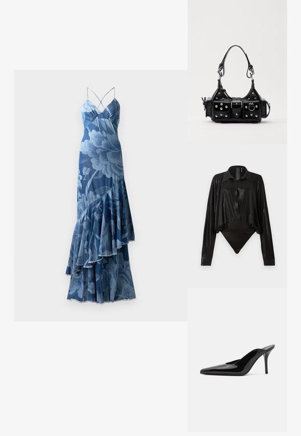 Vestido floral azul com um design de babados em camadas, alças finas e um acabamento texturizado. Apresenta um padrão floral ousado e uma bainha desfiada.; Bodysuit preto com mangas longas, decote em V e silhueta ajustada. Feito de um tecido brilhante e suave, com colarinho e punhos estruturados.; Mule de salto alto em couro envernizado preto com ponta fina e uma silhueta elegante, apresentando um calcanhar aberto e um salto stiletto esbelto.; Bolsa de couro preta com um design curvado, apresentando tachas prateadas, uma fivela e dois bolsos laterais. Alça ajustável para opções de transporte.