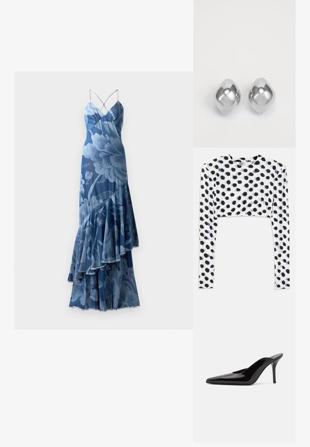 Sininen kukkamekko, jossa on kerroksellinen röyhelödesign, ohuet olkaimet ja teksturoitu pinta. Mekossa on rohkea kukkakuosi ja hapsureunus.; Lyhythihainen toppi joustavasta valkoisesta kankaasta, jossa on mustia pilkkuja, sileä pinta ja pyöreä pääntie.; Mustat patentoidut korkeakorkoiset mulesandaalit, joissa on terävä kärki ja sulavalinjainen siluetti. Kenkäparissa on avonainen takaosa ja hoikka stiletto-korko.; Hopeakkorvakorut, joissa on sileä, pyöreä muoto, kiiltävä pinta ja heijastava pinta. Minimalistinen muotoilu ilman koristeita.