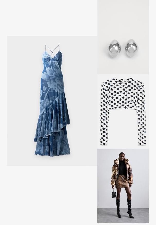 Rochie florală albastră cu un design cu volane stratificate, bretele subțiri și o finisare texturată. Prezintă un model floral îndrăzneț și o margine rozătoare.; Top scurt cu mânecă lungă, dintr-un material alb elastic, decorat cu un design cu buline negre, având o textură netedă și un decolteu rotund.; Jachetă puffer cu un model maro și negru, asortată cu o fustă mini din piele de șarpe maro, cizme negre până la genunchi și o geantă mică neagră.; Cercei din metal argintiu cu o formă netedă și rotunjită, având un finisaj lustruit și o suprafață reflectorizantă. Design minimalist, fără ornamentații.