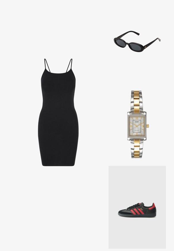 Juodas be rankovių suknelė su plonais petnešomis, prigludusio silueto, pagaminta iš lygaus audinio, kelio ilgio, su paprastu, be puošmenų stiliumi.; Juodi sportbačiai su raudonomis juostelėmis, iš zomšos ir odos medžiagų, suapvalinta nosis, plokšti raišteliai, tekstūruotas guminis padas ir auksiniai akcentai.; Juodos didelės saulės akinių su ovaliais objektyvais, lygia plastiko rėmeliu ir aukso akcentais ant šventyklos. Tamsūs objektyvai suteikia apsaugą nuo saulės.; Casio kvarcinis laikrodis su stačiakampiu sidabriniu ciferblatu, auksinėmis detalėmis ir dviejų spalvų metaliniu apyrankę sidabro ir aukso deriniu. Atsparus vandeniui.