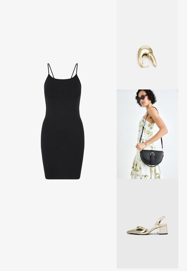 Zwart mouwloos jurk met dunne bandjes, aansluitend ontwerp, gemaakt van gladde stof, knielang met een eenvoudige, onversierde stijl.; Gouden, metalen slingback hakken met een spitse neus en een chunky hak. Glad oppervlak, minimalistisch ontwerp en een smalle band.; Zwarte leren handtas met een gebogen vorm, afneembare schouderband en gouden hardware. De tas heeft een klep met een gespsluiting.; Gouden metalen oorbel met een slank, gebogen ontwerp. Beschikt over een kenmerkende puntige vorm, gepolijste oppervlakte en scharnier sluiting.