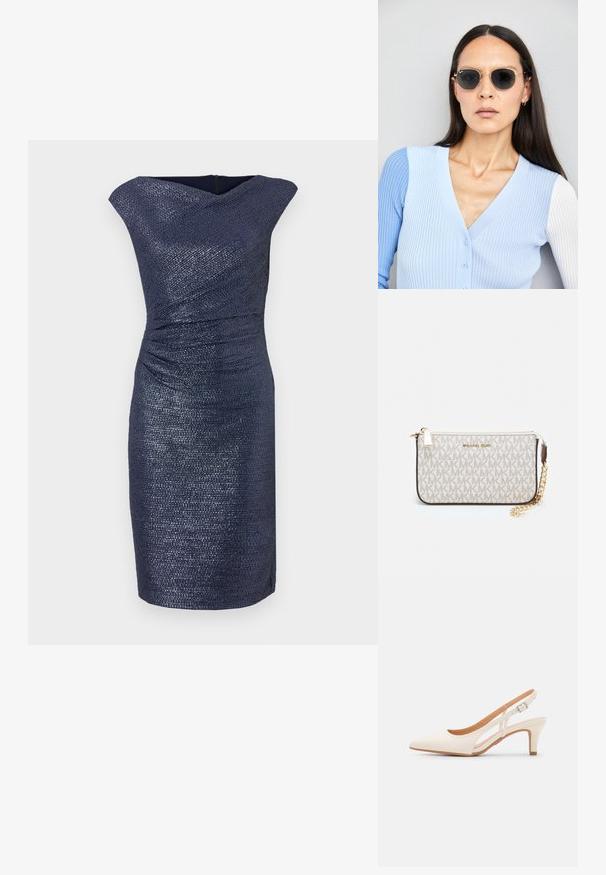 Zilā kleita līdz ceļgaliem ar teksturētu apdari, ar drapētu dekoltē un krokojumiem jostā, nodrošinot pieguļošu siluetu.; Baltas siksniņveida papēdis ar smailu purngalu, gludu augšējo materiālu, zemu blokpapēdi un sānu izgriezumu dizainu ar regulējamu sprādzi.; Apaļas saulesbrilles ar tumšiem objektīviem un zeltītām rāmēm. Modelis valkā gaiši zilu, ribotu kardigānu ar pogām un kontrastējošām baltām piedurknēm.; Michaela Korsa rokassomi bez̦ā īšojuma, kas izgatavota no apklāta kanvas, iekļaujot atkārtotu MK logotipa rakstu, zelta aparatūru un noņemamu ķēdes siksnu.