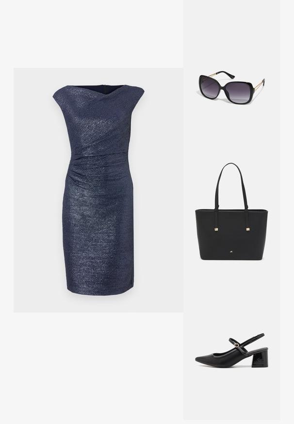 Knee-length tumesinine kleit tekstureeritud viimistlusega, millel on drapeeritud kaelus ja kogumine vöökohal, et saavutada ülikitsas siluett.; Mustad läikivad nahast slingback-kõrged kontsad, millel on terav nina, ümar lõikekujundus ja blokknina. Omab kuldset nupu aktsenti.; Mustad ümarad päikeseglaasid, millel on gradient objektiivid, paksud raamid ja kuldse tooni kettaga kaunistused tempelitel.; Must musträkk, mis on valmistatud sünteetilisest materjalist, lihtsa ristkülikukujulise disainiga, kuldsete ruudukujuliste rõhutustega ja kahe käepidemega.