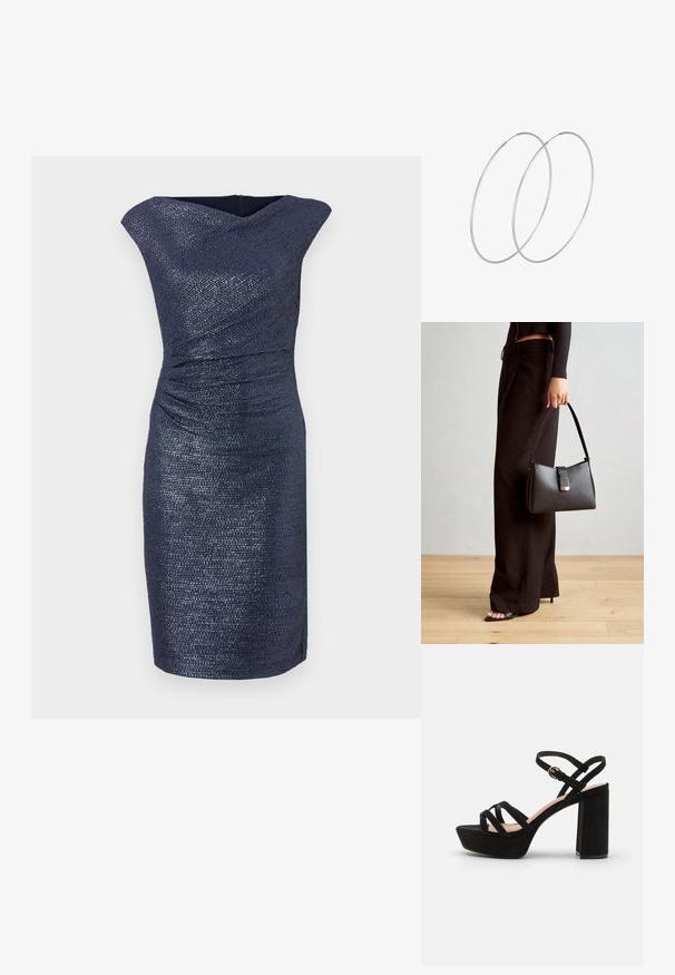 Knee-length tumesinine kleit tekstureeritud viimistlusega, millel on drapeeritud kaelus ja kogumine vöökohal, et saavutada ülikitsas siluett.; Mustadest sametist platvormsandaalid, millel on plokknina, ristuvad rihmad ja lukustatav pahkluu rihm turvaliseks sobivuseks.; Must musta kott, millel on struktureeritud kuju, sile tekstuur ja metallist klamber. Kombineeritud laiate mustade pükstega ja avatud varvaste sandaalidega puidust põrandal.; Hõbedased rõngastikkaehingad minimalistlikus disainis. Ümar kuju, sile tekstuur ja õhuke profiil. Kerged ning poleeritud viimistlusega.