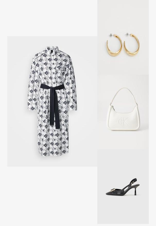Robe blanche avec un motif géométrique noir, manches longues, patte de boutonnage et une ceinture sombre assortie à la taille.; Chaussure slingback en cuir noir avec un bout pointu, un talon fin et un accent en métal doré sur le devant. Texture lisse et design structuré.; Sac à main en cuir blanc avec une forme courbée, arborant un logo "CK" embossé à l'avant et une seule bandoulière. Fermeture à glissière en haut.; Boucles d'oreilles créoles de couleur dorée avec un design lisse et courbé. Fabriquées en métal, elles possèdent une finition élégante et une fermeture à tige.
