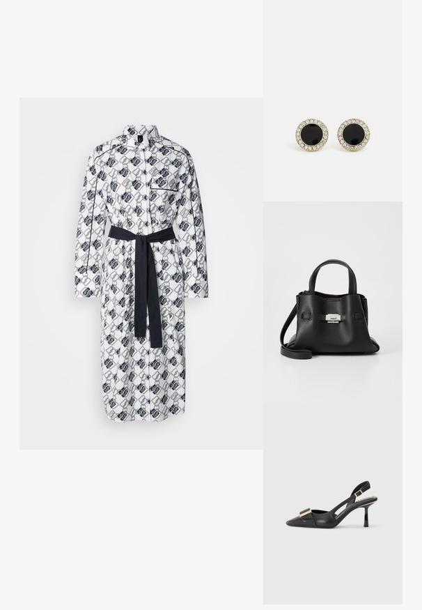 Valge kleit on kaunistatud geomeetrilise mustriga, sellel on pikad varrukad, nööbid ja sobiv tume vöö taljes.; Must musta slinga-seljak, terav varvas, peen kont ja kuldse tooni aksessuaar vampiiril. Sile tekstuur ja struktureeritud disain.; Mustmust kott, millel on tekstuuriga viimistlus, sisaldab kahte ülemist kättehaaret, eemaldatavat õlarihma ja hõbedast luku detaili.; DKNY INLAY STUD - Kõrvarõngad - black/gold-coloured
