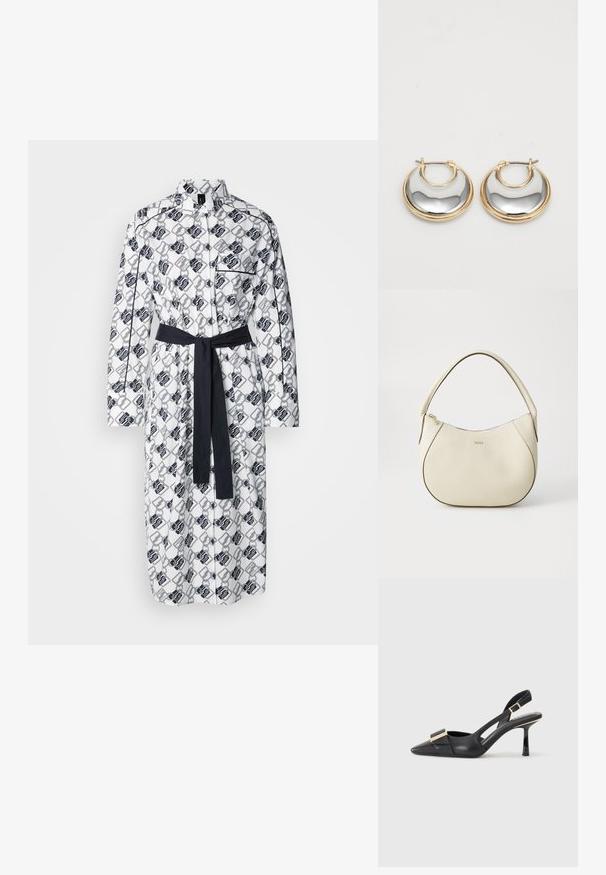 Bijela haljina ima geometrijski crni uzorak, duge rukave, dugme na prednjem dijelu i odgovarajući tamni pojas u struku.; Crne kožne slingback cipele s šiljastim nosom, tankim potplatom i zlatnim detaljima na prednjem dijelu. Glatka tekstura i strukturirani dizajn.; Torbica boje krema s teksturiranim završetkom, zakrivljenog oblika, kratkom ručkom i logotipom u zlatnoj boji. Zatvarač na vrhu.; Mali naušnice u obliku obruča s vanjskim rubom od zlata i sjajnom, reflektirajućom srebrnom unutrašnjosti, prikazane jedna pored druge na bijeloj pozadini.