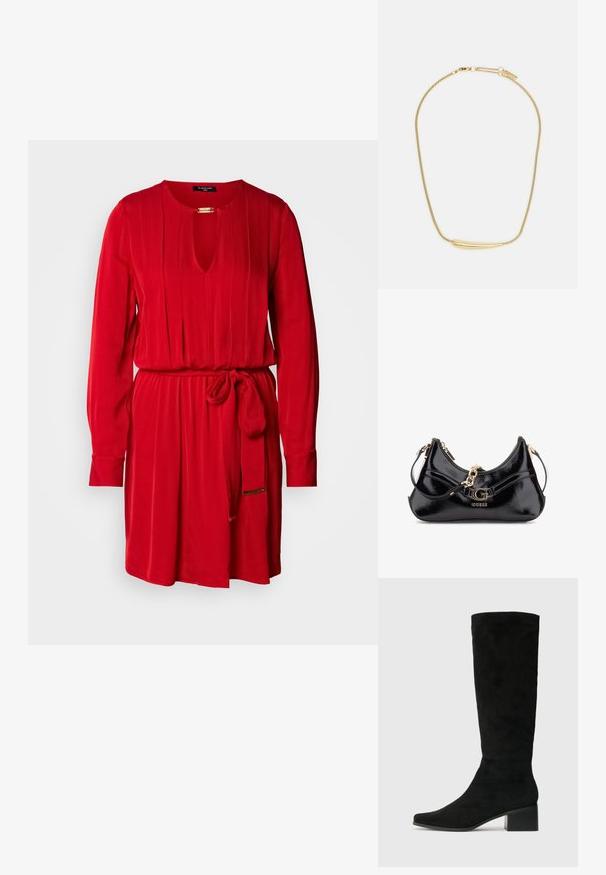 Red dress with a keyhole neckline, long sleeves, pleated design, and a matching tie belt at the waist. Made from a smooth fabric.; Knee-high black suede boots with a pointed toe and a chunky rectangular heel, featuring a smooth texture and minimalistic design.; Black patent leather bag featuring a curved design, gold hardware accents, and a prominent logo. Includes a removable shoulder strap.; Gold-plated necklace with a smooth, curved central accent. Features a flexible chain with a lobster clasp and additional adjustable chain links.